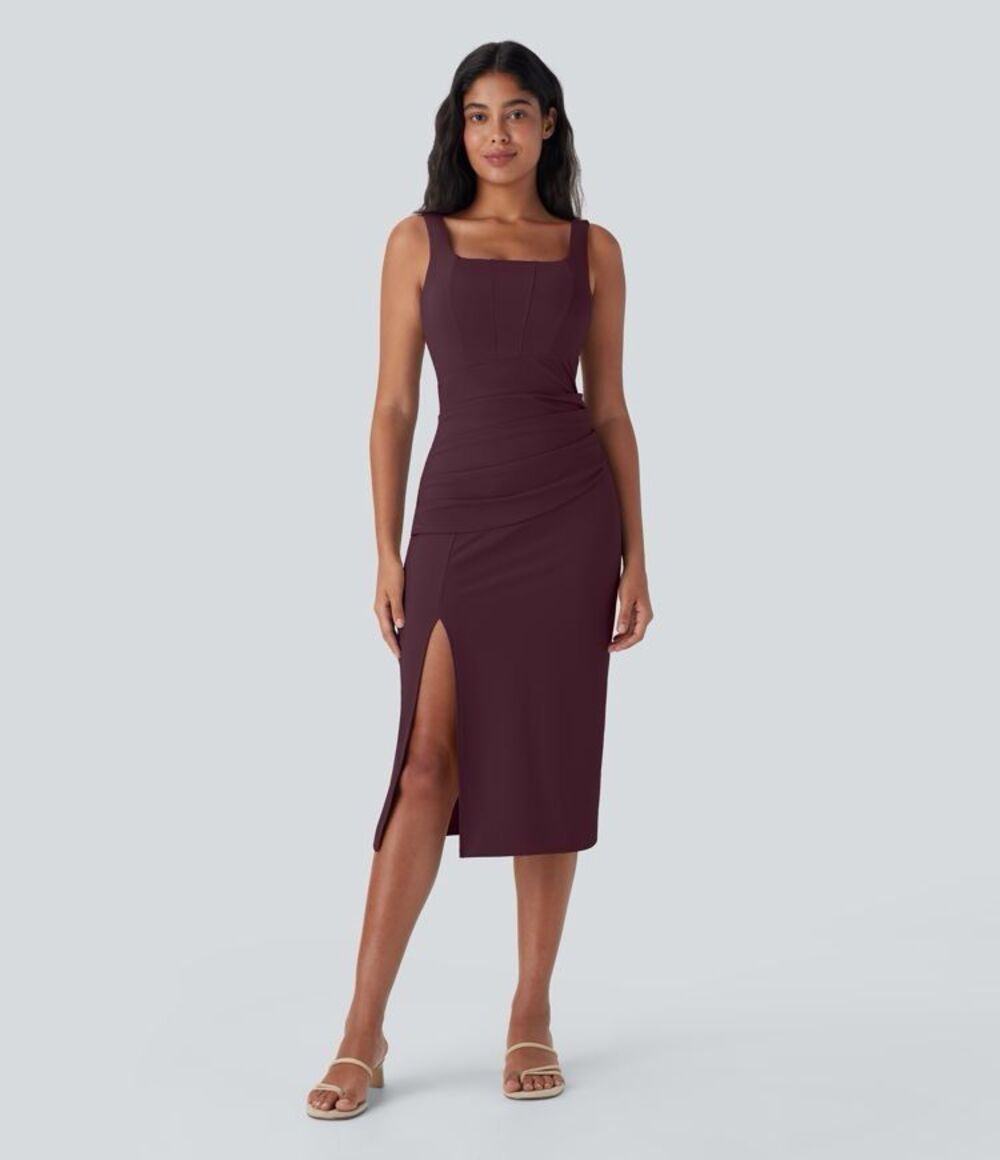Halara SoftlyZero™ Airy Square Neck Corset Ruched Bodycon Midi Dress in Fig Sz L